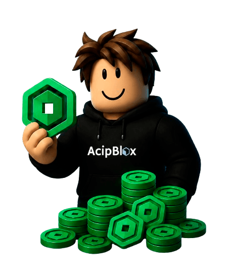 Personagem da AcipBlox segurando uma moeda de Robux